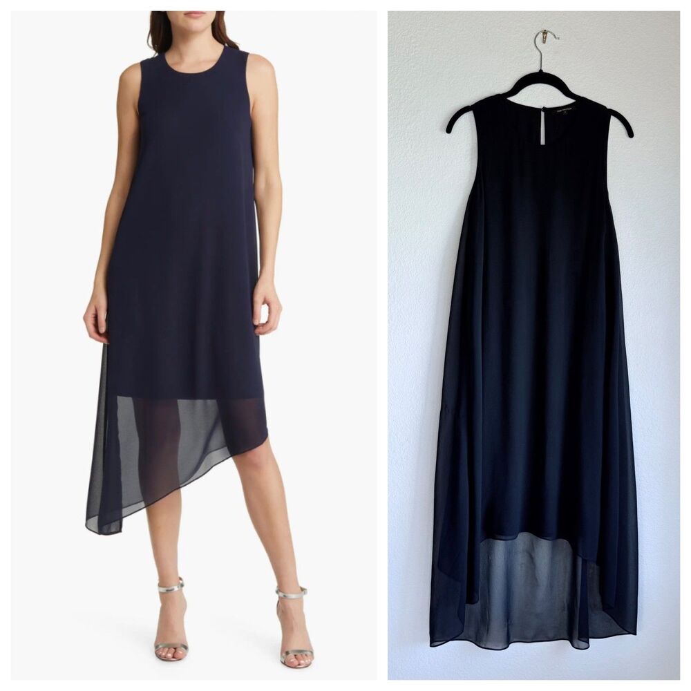 NWOT SAMPLE Kobi Halperin Pixie High-Low Semi-Sheer Georgette Dress in Navy Sz S